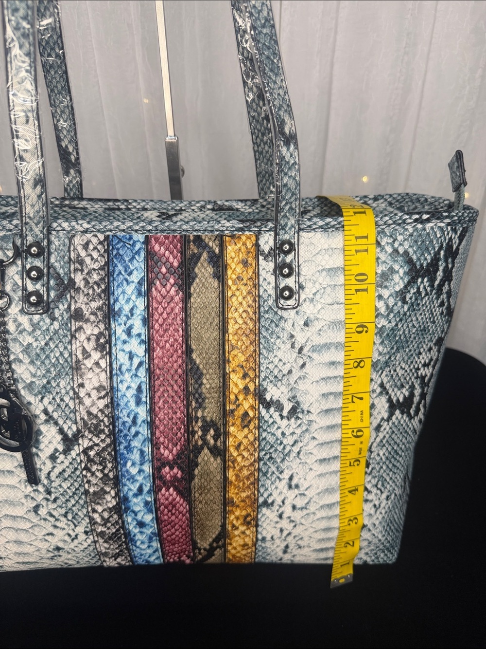 Python-Texture Tote with Multicolor Stripe Accents - Picture 9 of 10